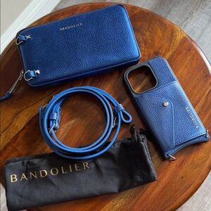 Bandolier Navy Leather Phone Case and Wallet Set